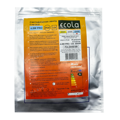 Светодиодная лента Ecola 12В 60св-д м (4,8Вт м) IP20 холодная, PRO (5м) P2LD05ESB - упаковка